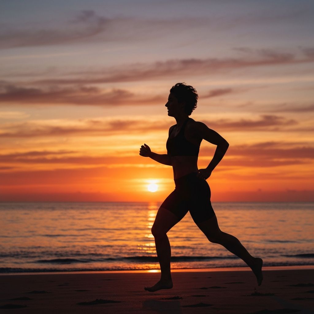 Person running free on beach at sunset, off-grid adventure